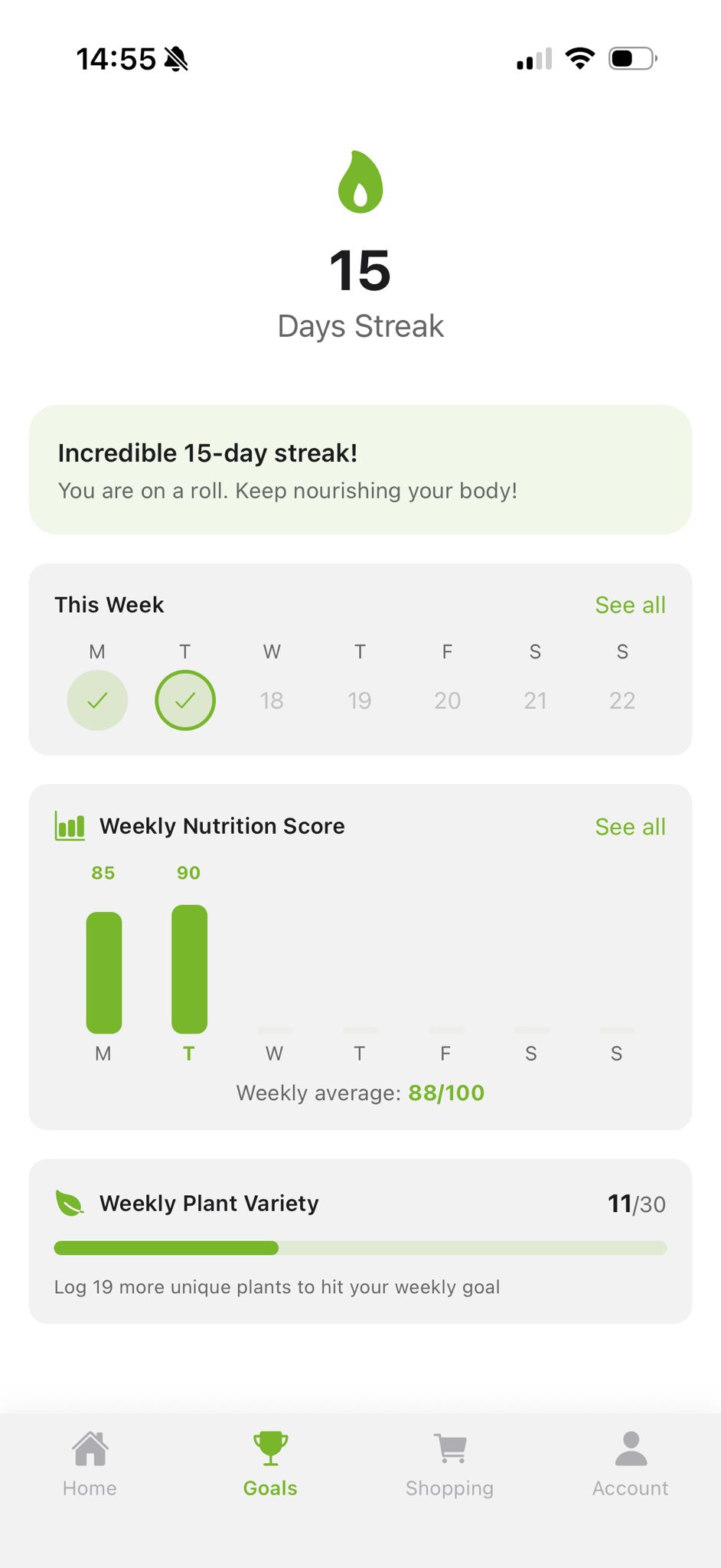 NutriBloom weekly plant diversity tracking screen